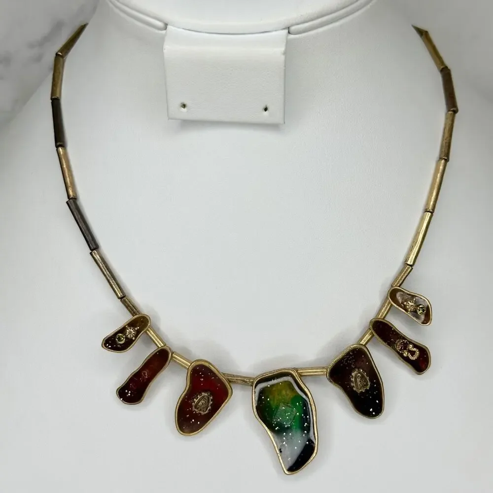 Chico's Multicolor Resin Organic Shape Bib Necklace Gold Tone Bar Link ✨